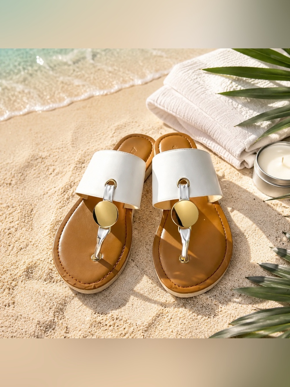 ALDO Summer T Strap White And Gold Disk Flat Sandal Women’s Size 6.5